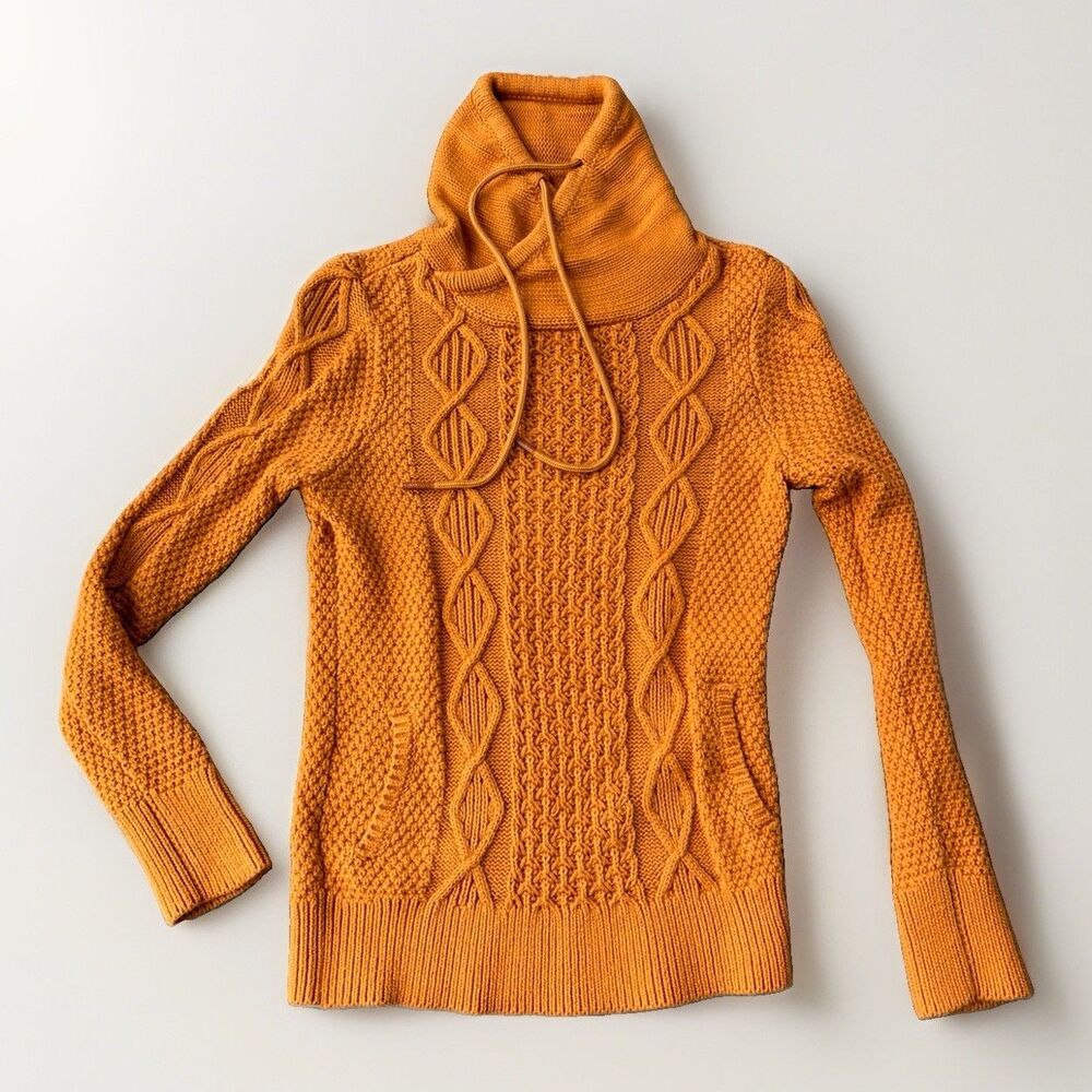 LL Bean Signature Cable Knit Sweater Womens XS Funnel Neck Drawstring Top